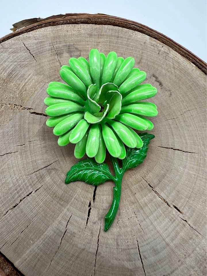 Vintage Lime Green Enamel Flower Brooch – Large Statement Pin 3”