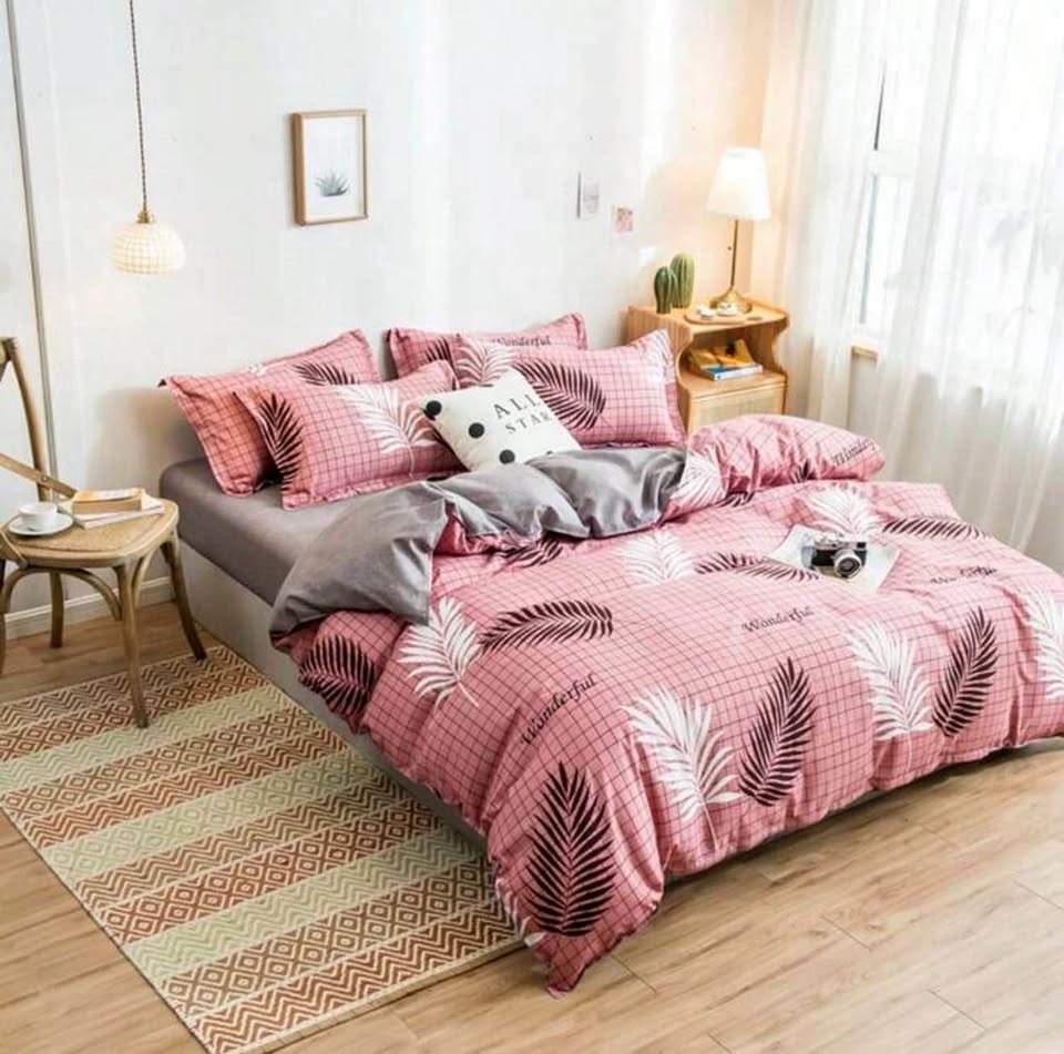 New Pink Plaid Fern Leaf Bedding Set