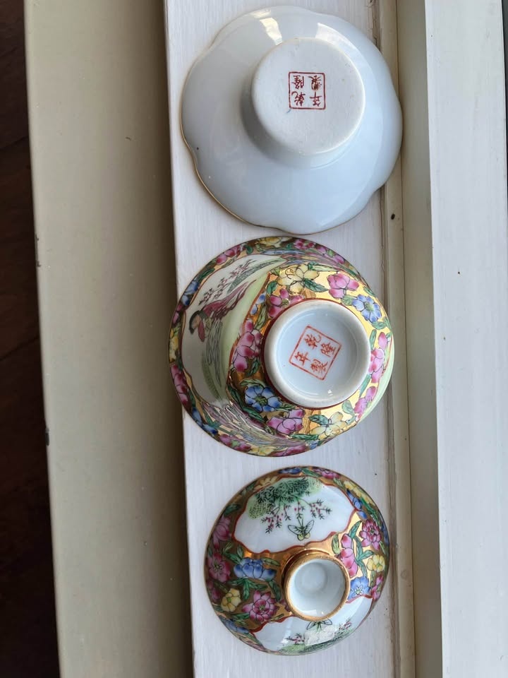 Chinese Floral Gold Trim Gaiwan Tea Cup Set - photo 3