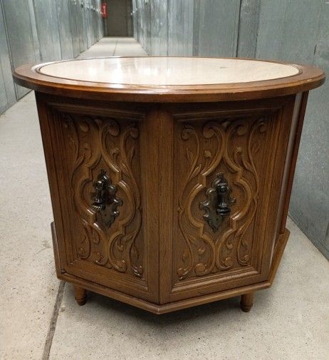 Mid-Century Octagon Side Table w/ Marble Top & Storage