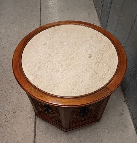 Mid-Century Octagon Side Table w/ Marble Top & Storage - photo 2