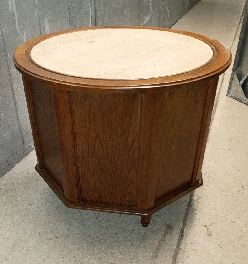 Mid-Century Octagon Side Table w/ Marble Top & Storage - photo 4