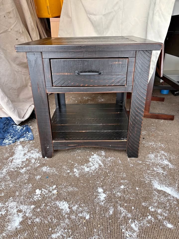 Distressed Dark Wood Nightstand w Drawer & Shelf