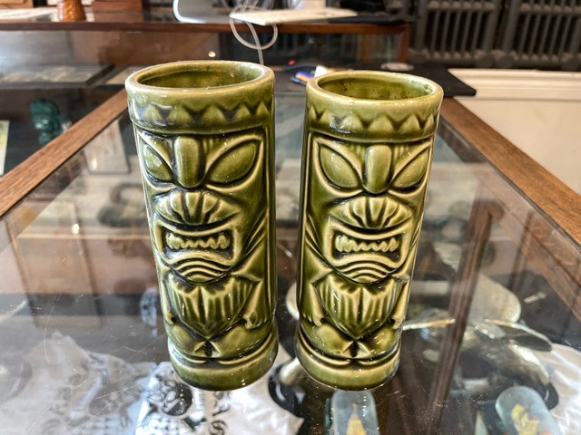 2 Rare Green Tiki Mugs Orchids of Hawaii Vintage