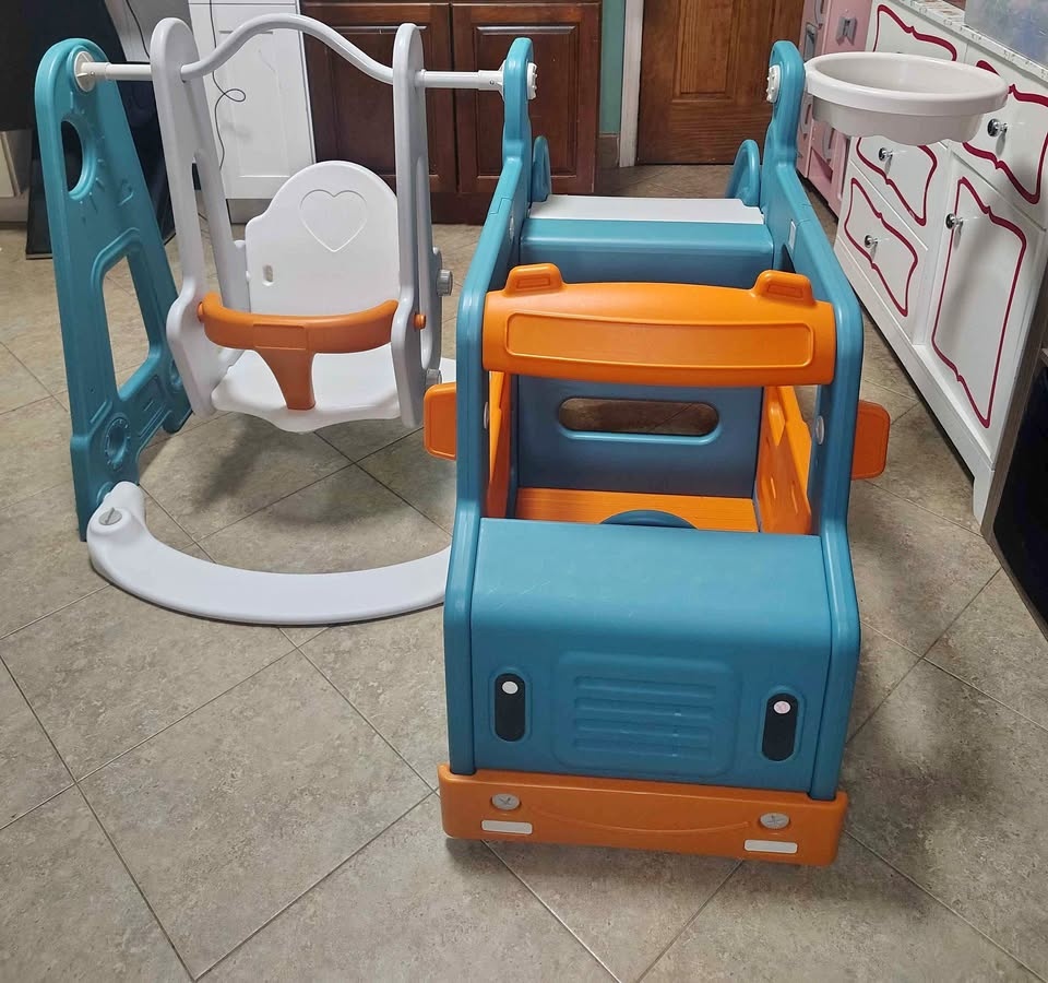5-in-1 Toddler Bus Activity Center - Slide, Swing & Basketball H