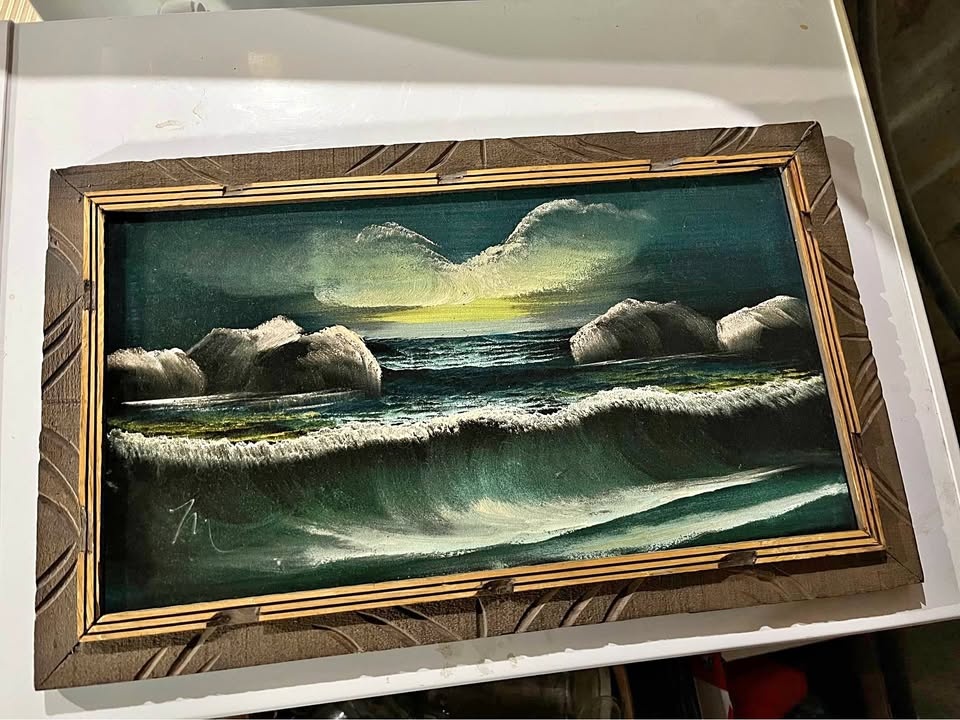 1970’s Vintage Velvet Ocean Wave Painting With Original Carved W