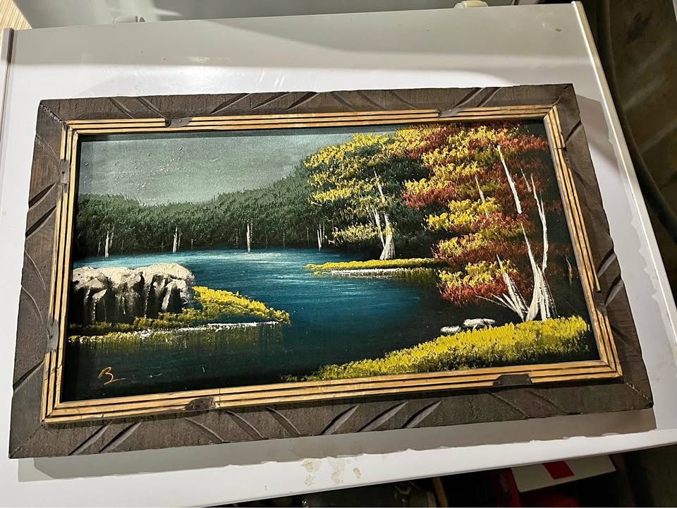 Vintage 1970’s Framed Lake Landscape Velvet Painting