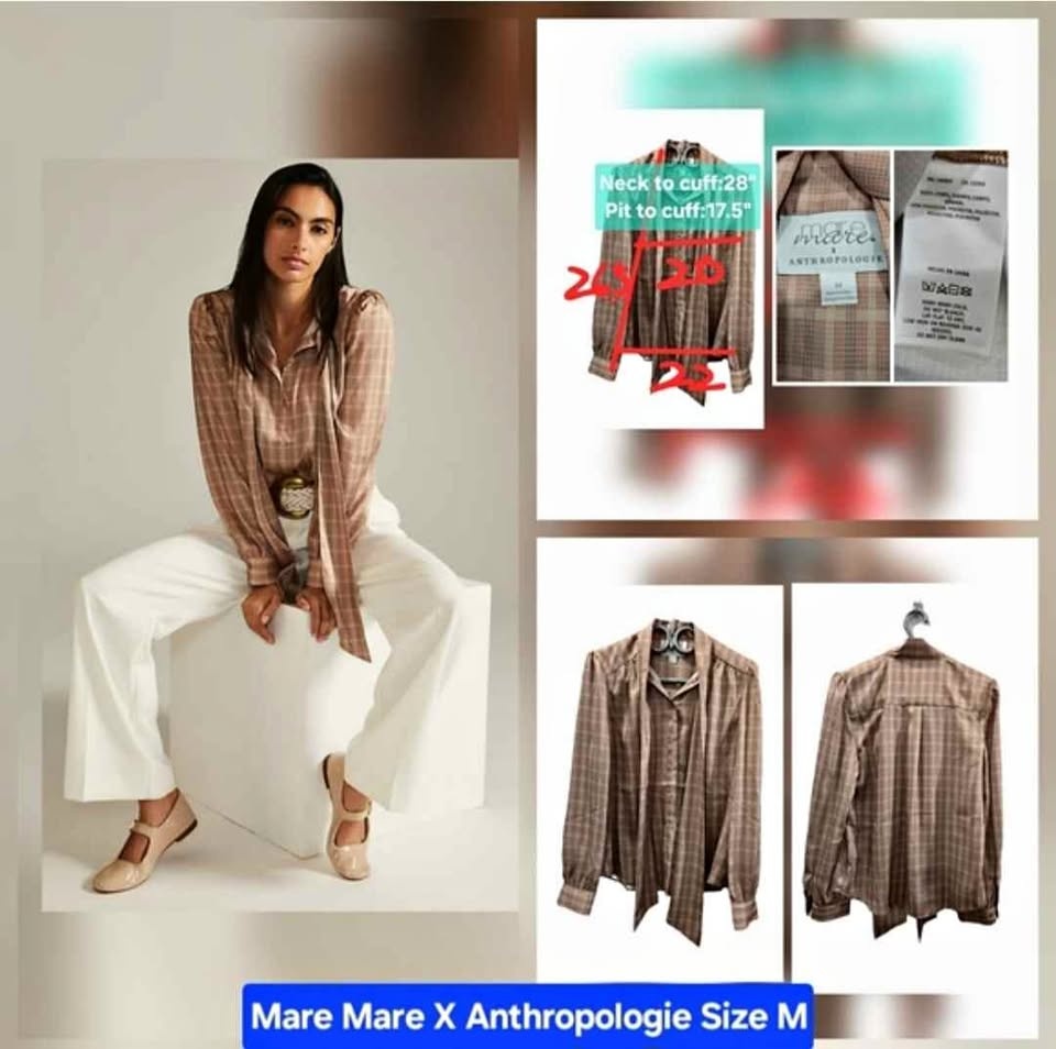 🏆 Mare Mare X Anthropologie Plaid Tie Collar Blouse Size M