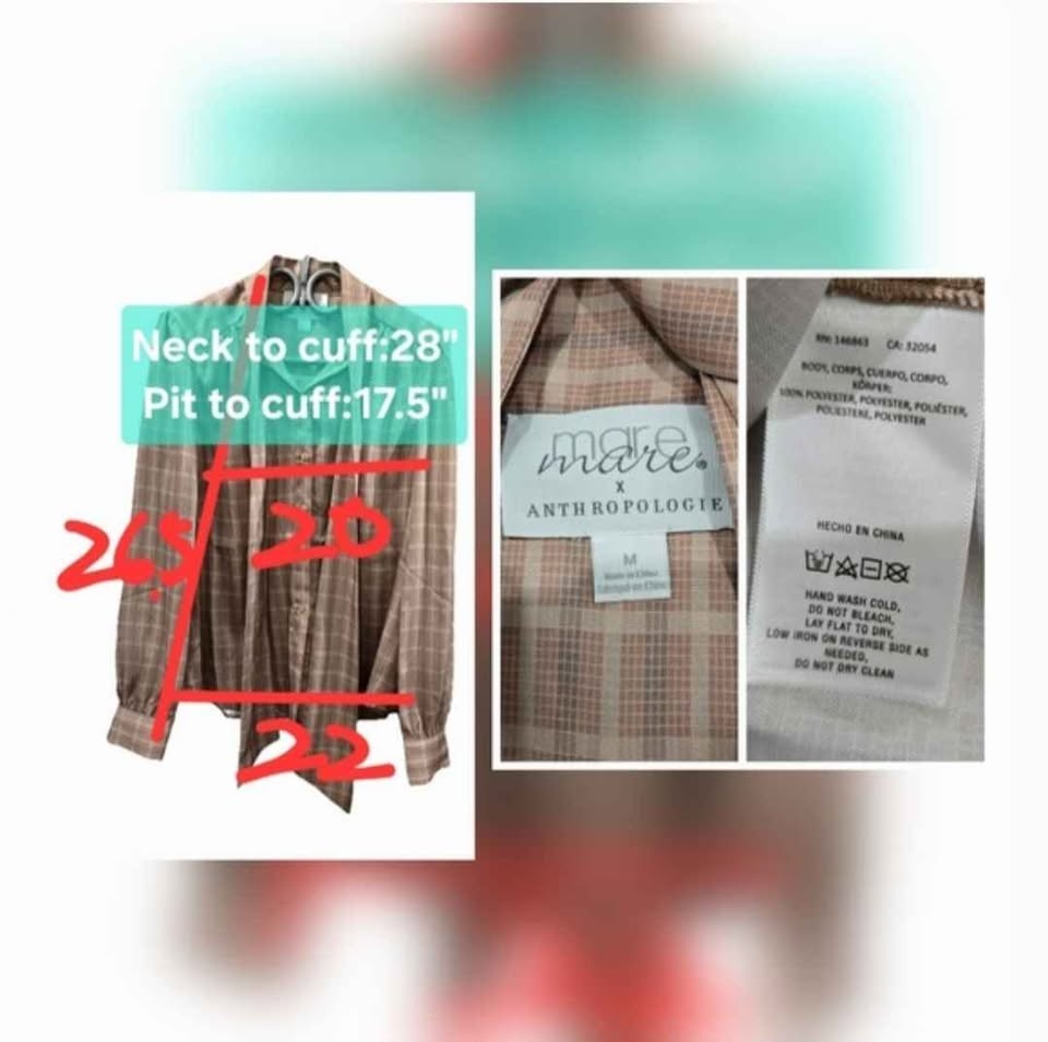 🏆 Mare Mare X Anthropologie Plaid Tie Collar Blouse Size M - photo 2