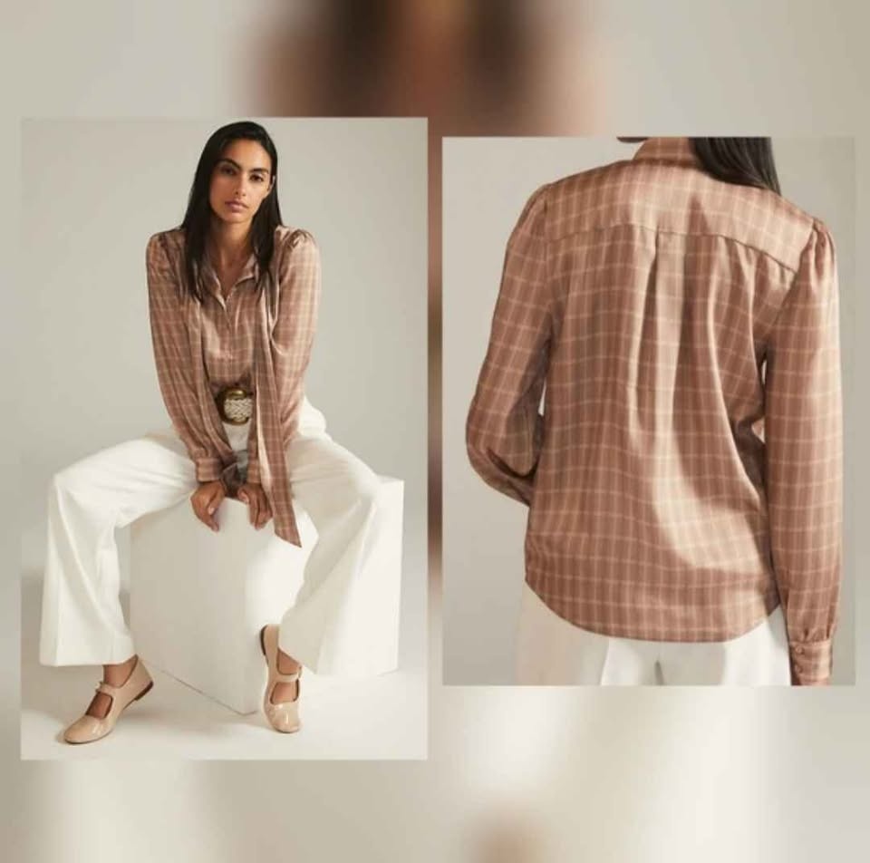 🏆 Mare Mare X Anthropologie Plaid Tie Collar Blouse Size M - photo 3
