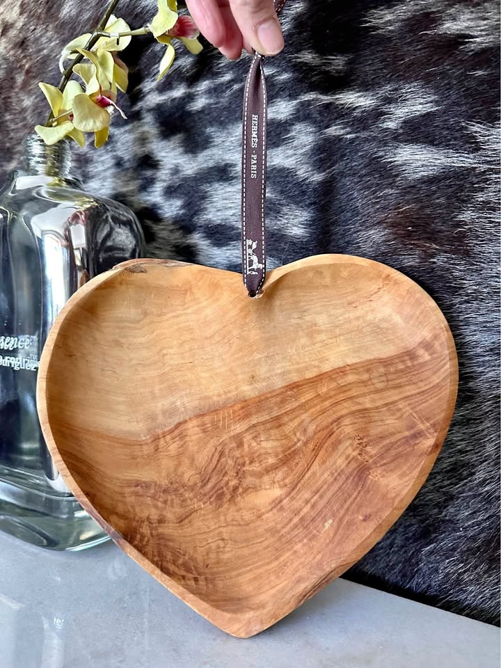 Olive Wood Heart Bowl with authentic Hermes Ribbon