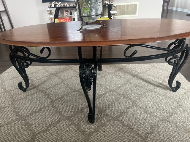Wood Top Coffee Table with Ornate Black Metal Legs