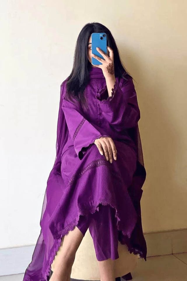 3 pc Cotton Dress with Lace Work