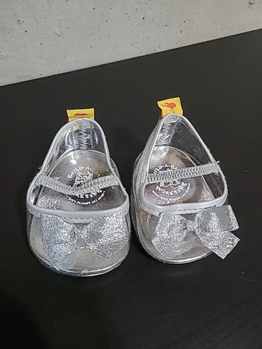 Pair Build a Bear Silver Shoes Sparkle Trim and Bow Elastic Stra