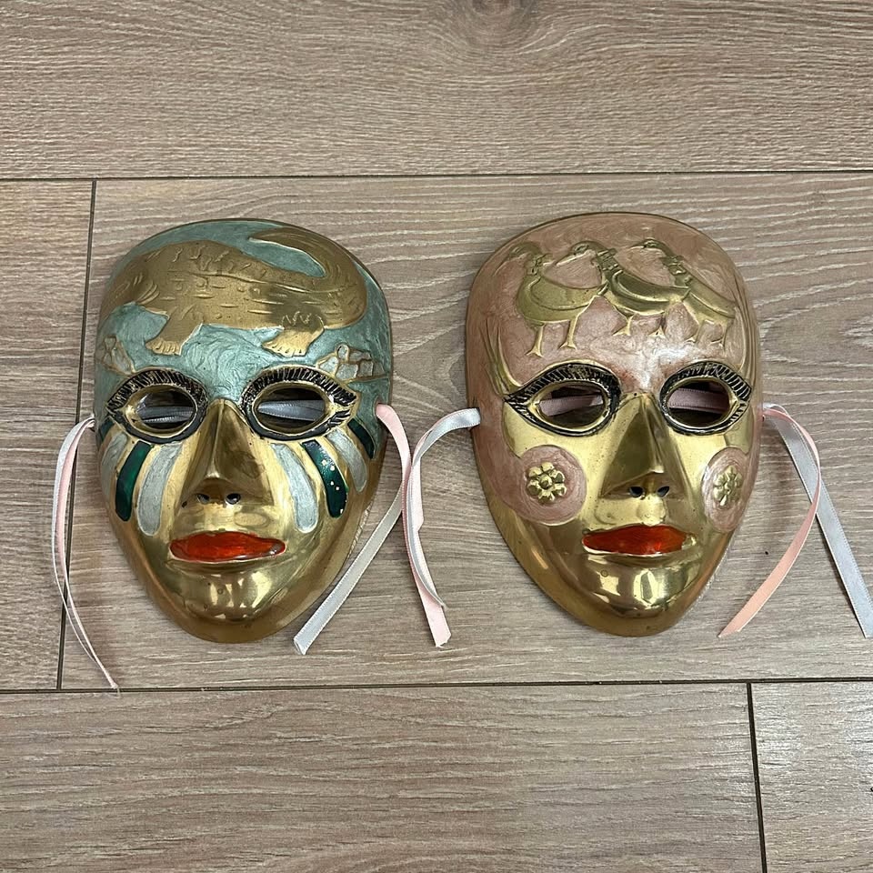Vintage Enamel Brass Decorative Masks – Set of 2 Animal Motif Wa