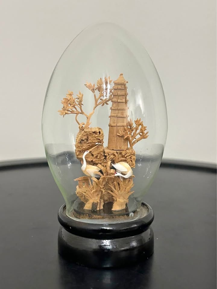 Vintage Chinese Cork Carving Diorama – Pagoda & Cranes in Glass