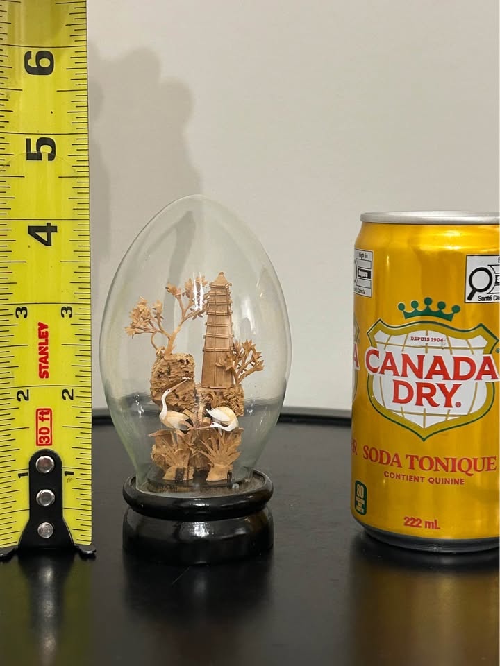 Vintage Chinese Cork Carving Diorama – Pagoda & Cranes in Glass - photo 3