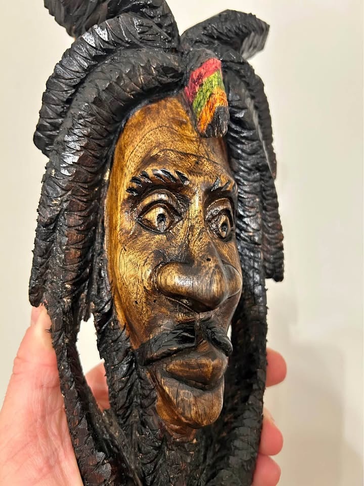 Folk Art Hand-Carved Wooden Mask – Rastafarian / Reggae Portrait