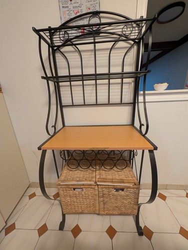 Black Metal and Wood Baker's Rack with Wine Rack