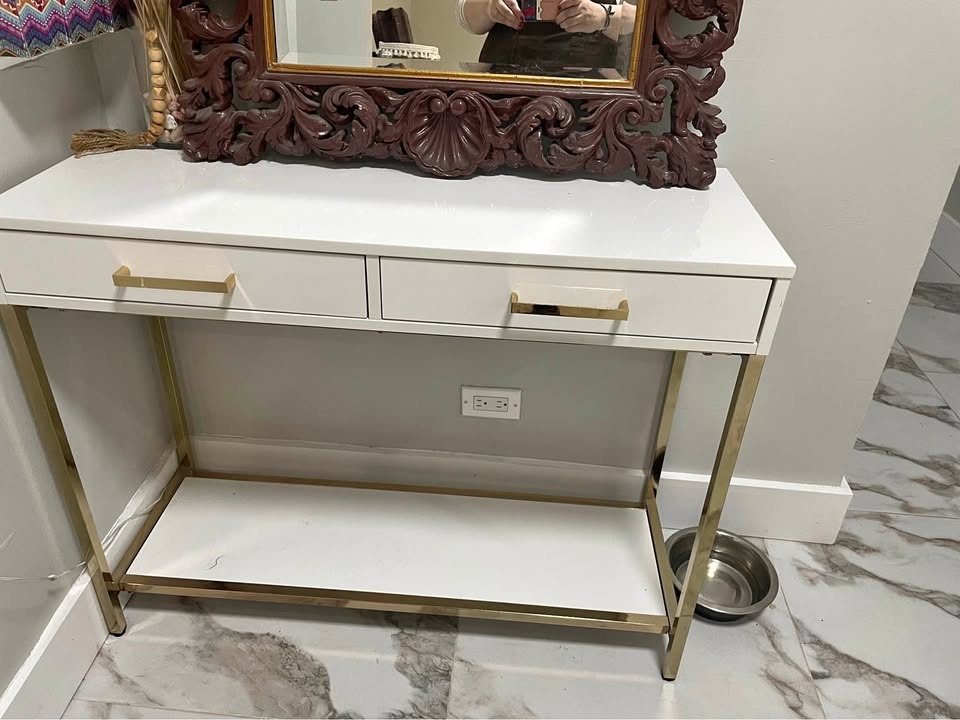 White Console Table with Gold Metal Frame