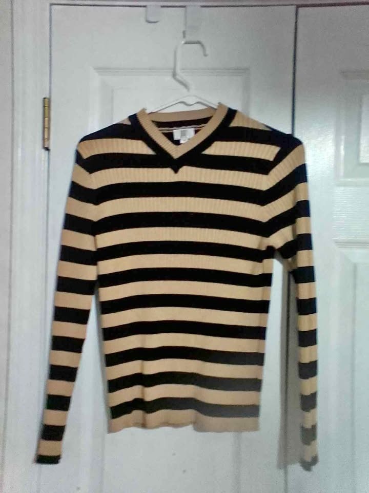 YAL NEW YORK Black Tan Striped Ribbed V-Neck Top M