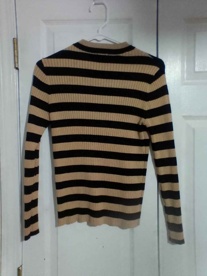 YAL NEW YORK Black Tan Striped Ribbed V-Neck Top M - photo 2