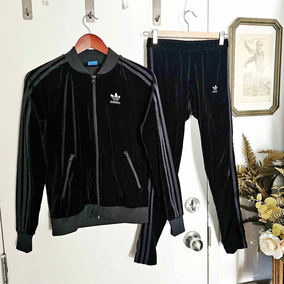 Adidas Black Velvet Velour Tracksuit Set - Size Small