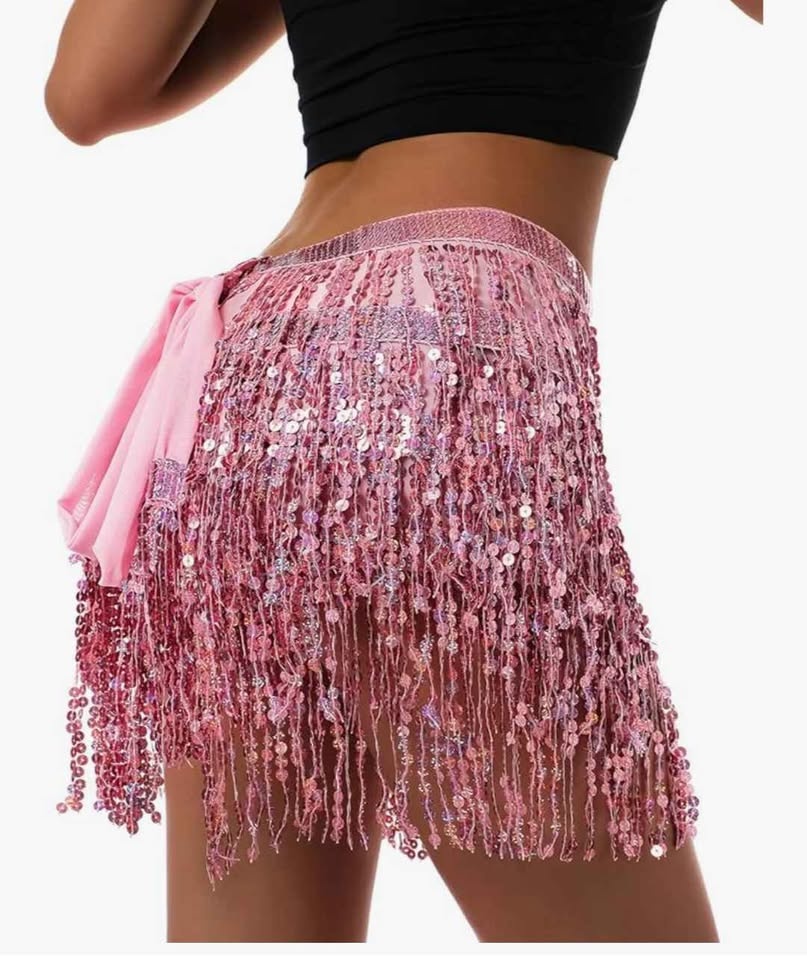🏆Pink Sequin Tassel Wrap Skirt for Belly Dance/Rave - photo 2
