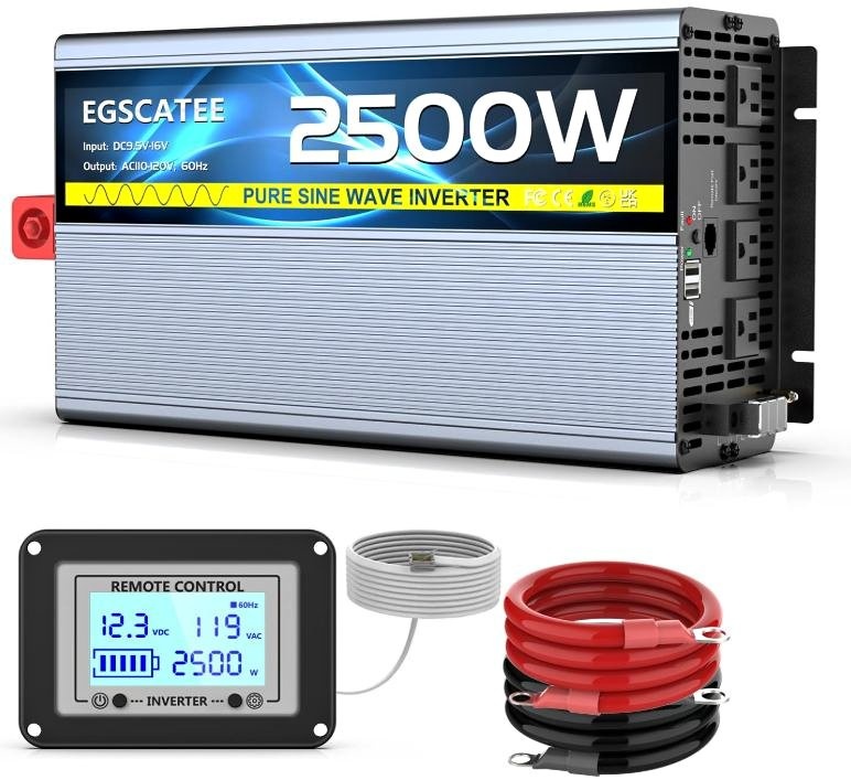 2500W Power Inverter with LCD, 4 AC, 2 USB, Remote