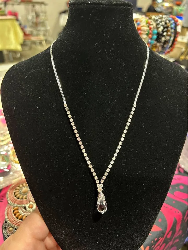 Vintage tear drop crystal rhinestone necklace sterling silver thumbnail