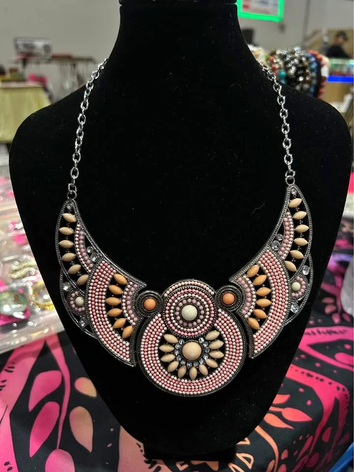 Unique statement foldable necklace pink coral colour thumbnail