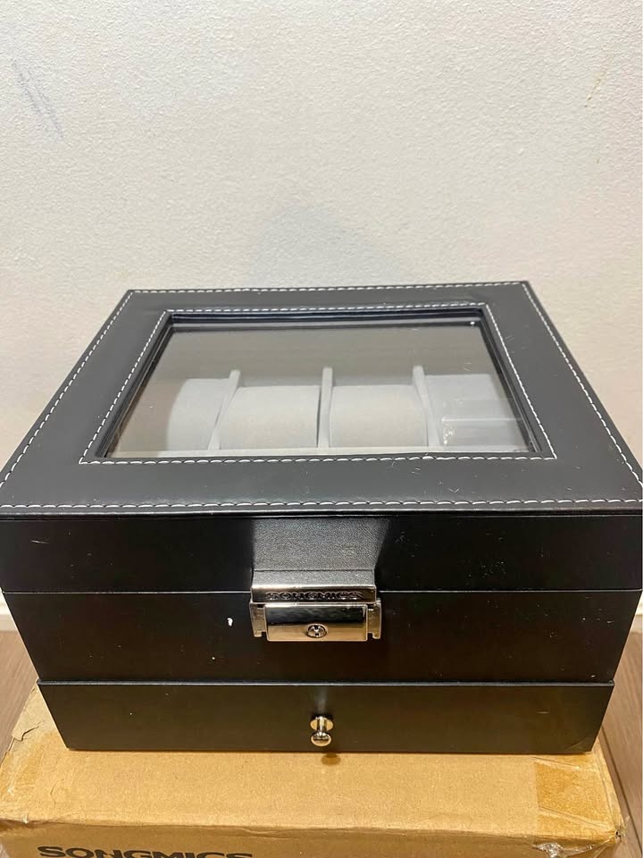SONGMICS Black Faux Leather Watch Box Jewelry Organizer