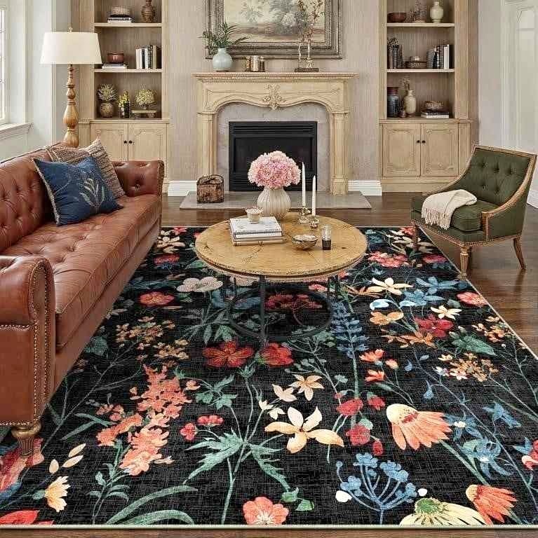 Black Floral Area Rug 8x10' Brand New