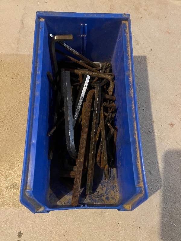 Hex Keys Small-Large Big Heavy Pile of Old Metal Tools in Bin