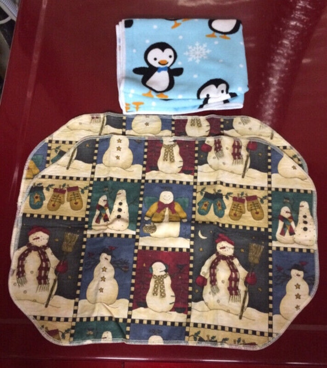 Snowman Placemats and Penguin Towel Winter Christmas Themed