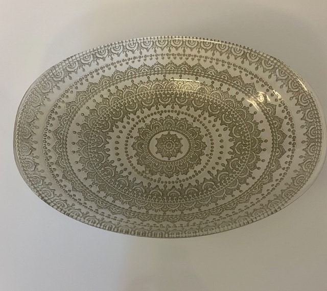 Oval Glass Serving Bowl White and Metallic Silver Patterned