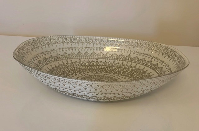 Oval Glass Serving Bowl White and Metallic Silver Patterned - photo 3