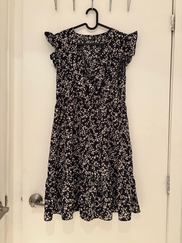 Floral Black and White V Neck Dress