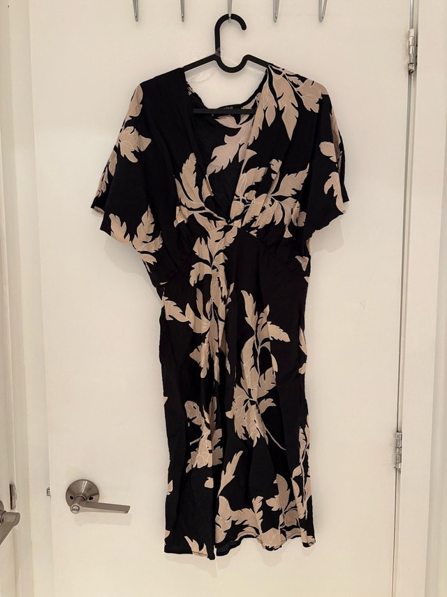Tropical Black and Cream V Neck Dress