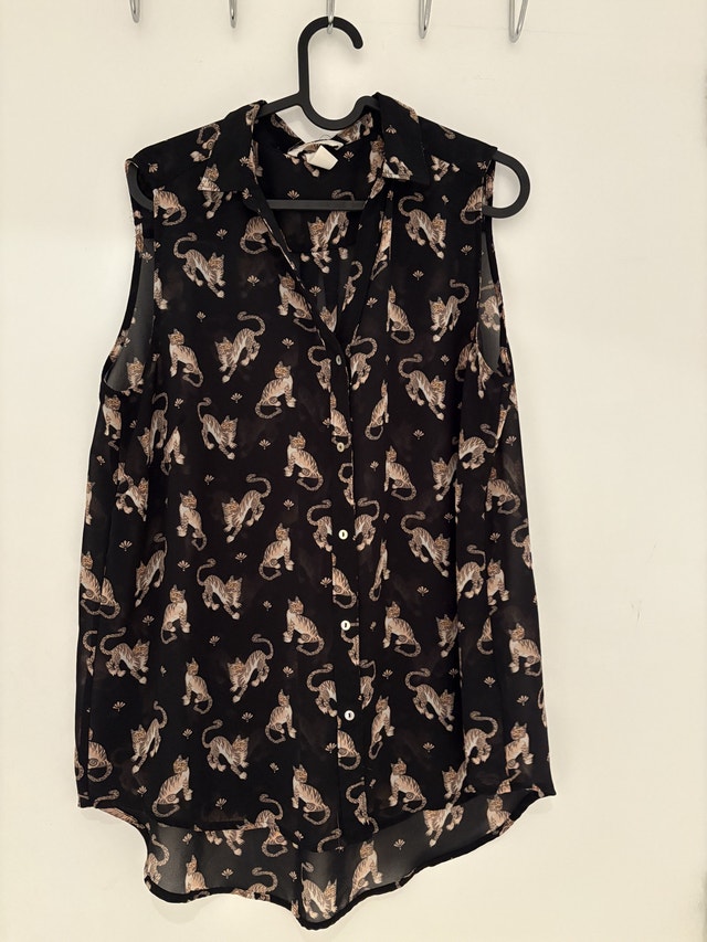 H&M Sheer Black Cat Print Top - Size 12