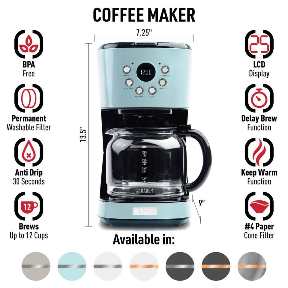HADEN HERITAGE 12-Cup Programmable Retro Coffee Maker - Turquois - photo 4