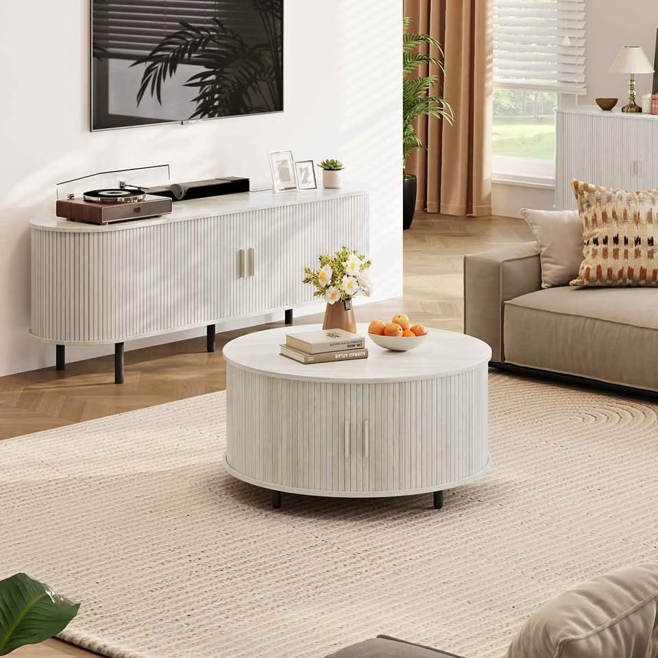 31.5" Modern Round Coffee Table With Sliding Door