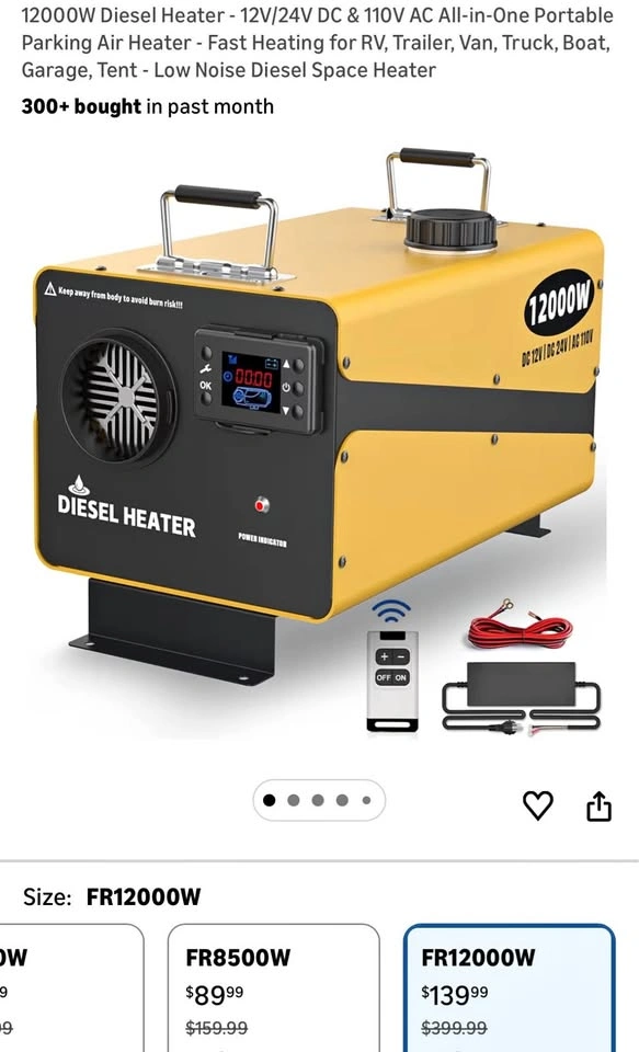 12000W Diesel Heater - 12V/24V DC & 110V AC All-in-One