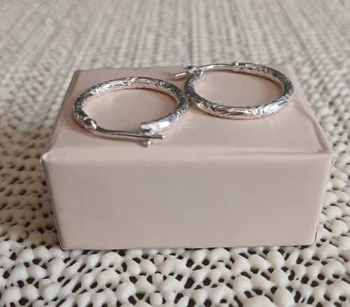 Amberta Italian 925 Sterling Silver Hoop Earrings Textured Hoops - photo 3