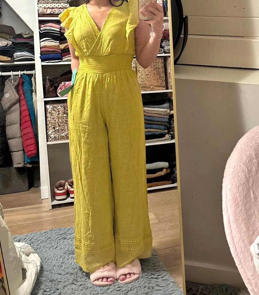 J. GEE Yellow Ruffle Sleeve Smocked Waist Jumpsuit PS