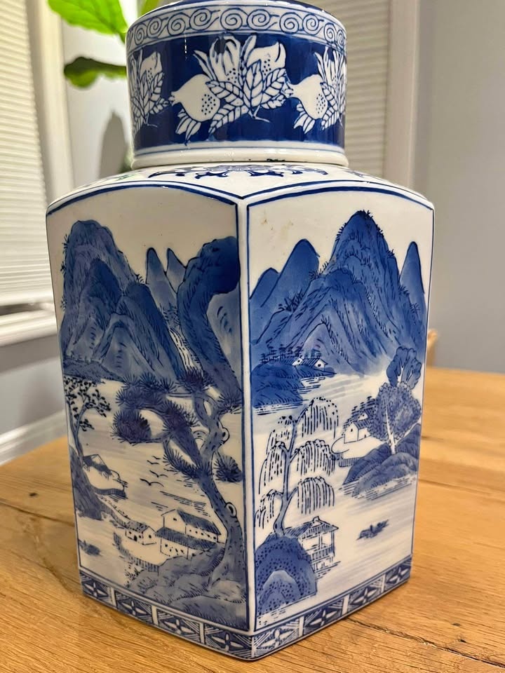 Blue & White Chinese Porcelain Square Vase / Ginger Jar Style