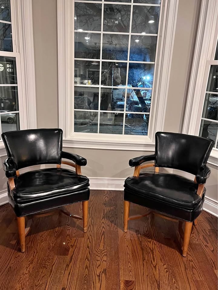 Vintage MCM Mid Century Modern Faux Black Leather & Wood Chairs