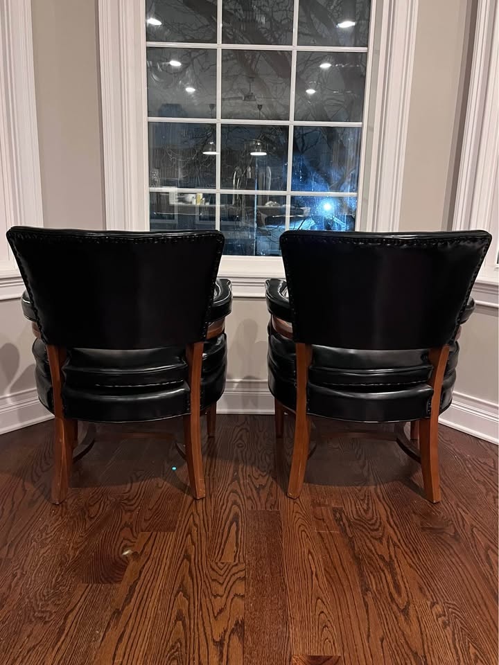 Vintage MCM Mid Century Modern Faux Black Leather & Wood Chairs - photo 2