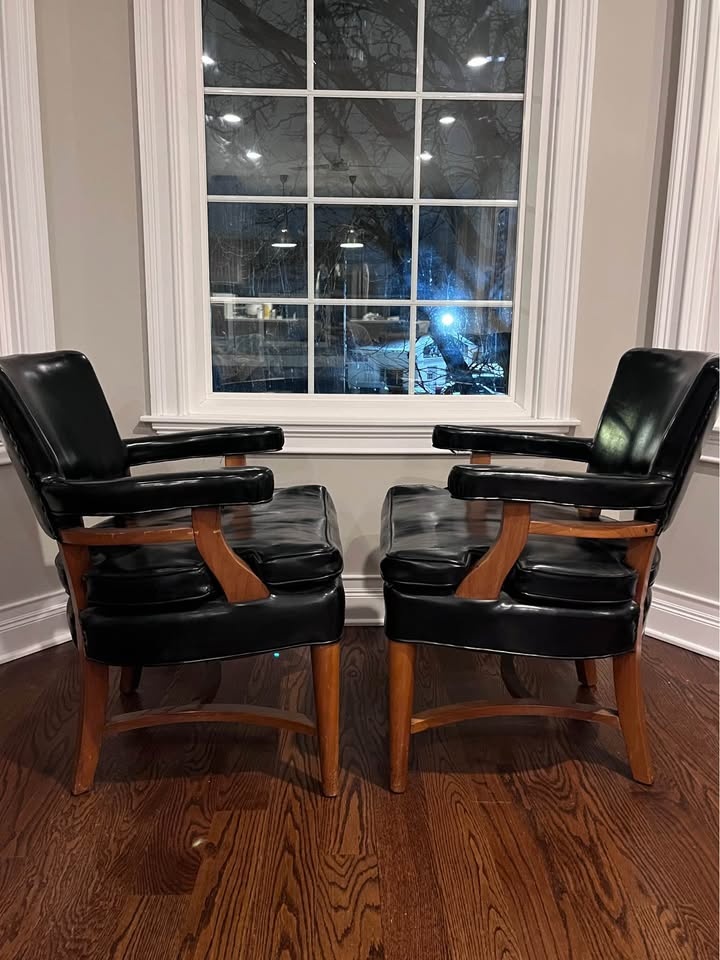 Vintage MCM Mid Century Modern Faux Black Leather & Wood Chairs - photo 3