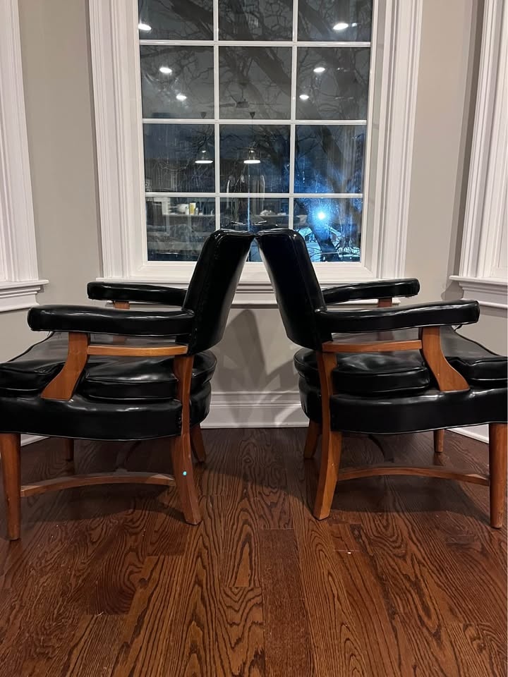 Vintage MCM Mid Century Modern Faux Black Leather & Wood Chairs - photo 4